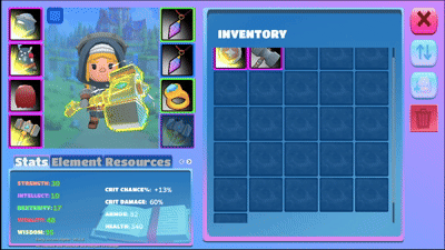 Equipping gear and viewing character stats