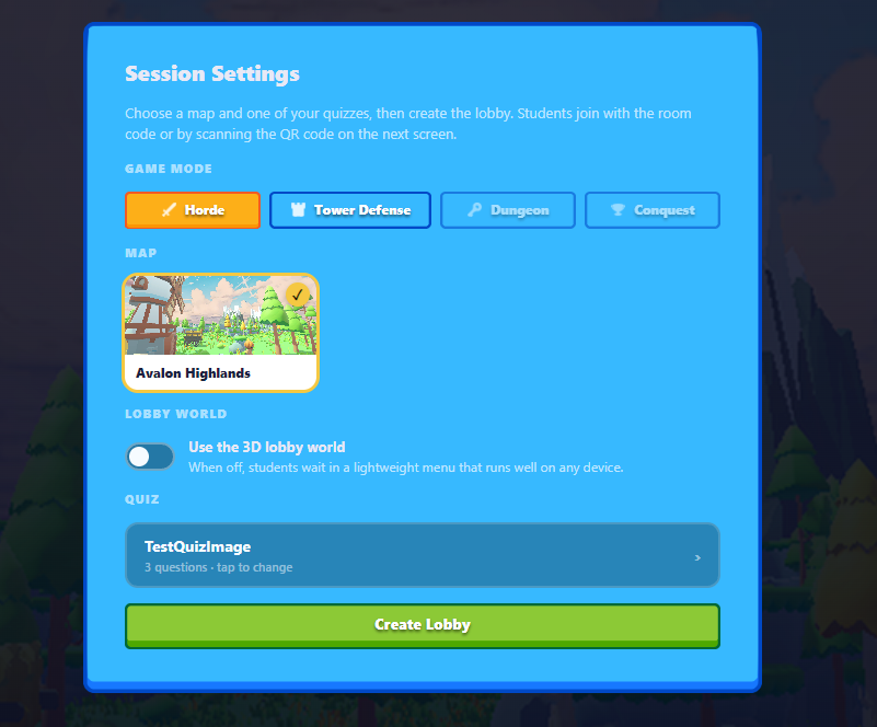 The 3D lobby world option in Session Settings